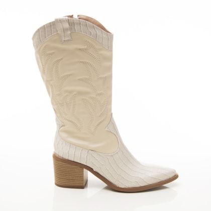 Bota Feminina Country Inês com Bordado e Textura Croco Off White