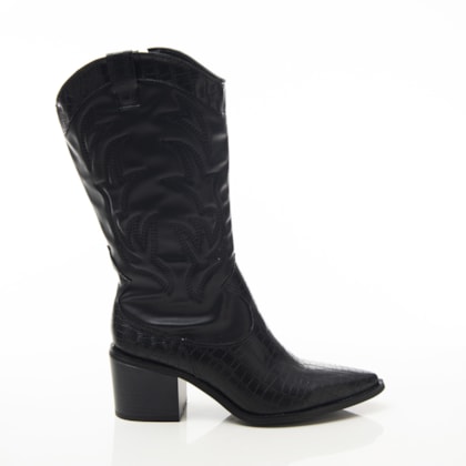 Bota Feminina Country Inês com Bordado e Textura Croco Preto