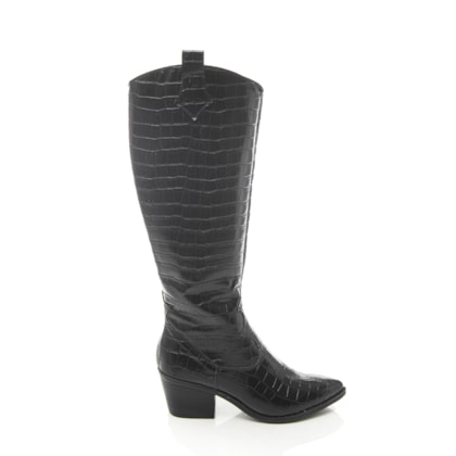 Bota Feminina Montaria Elaine com Recortes Salto Baixo Preto Croco