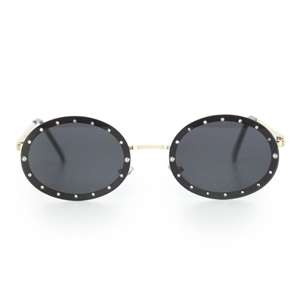 Óculos de sol feminino oval com pedrinhas proteção UV400 preto