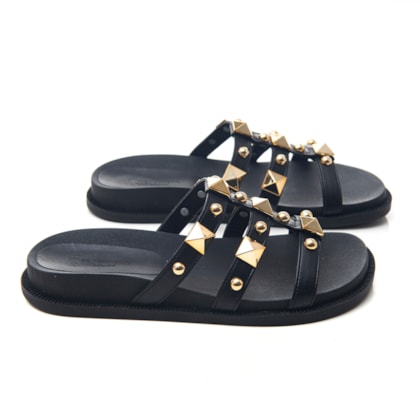 Rasteira Chinelo Slide Feminino Edmara com Spikes Pirâmides Preto