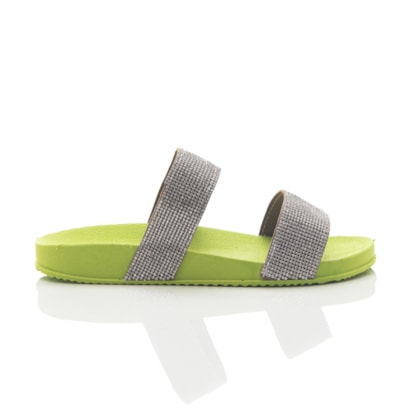 Rasteira Chinelo Slide Jussara Birken com Duas Faixas de Brilho Strass Verde