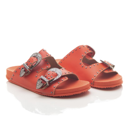 Rasteira Chinelo Slide Margarida Birken Duas Tiras com Fivela e Bolinhas Laranja