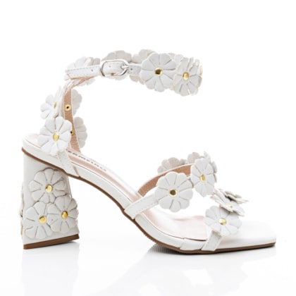 Sandália Feminina Érica Salto Alto Grosso com Aplique de Flores Off White