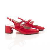 Produto Sapato Feminino Jane Boneca Aberto com Três Fivelas Salto Baixo Vermelho