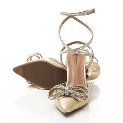 Sapato Feminino Scarpin Fernanda com Tiras de Pedraria e Laço Infinity Dourado