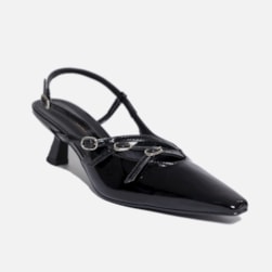 SAPATO FEMININO SLINGBACK POLYANA SALTO BAIXO COM FIVELAS PRETO