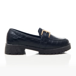 Sapato Mocassim Feminino Cecília Oxford Com Fivela E Solado Tratorado Preto Croco