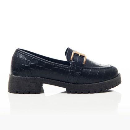 Sapato Mocassim Feminino Cecília Oxford Com Fivela E Solado Tratorado Preto Croco