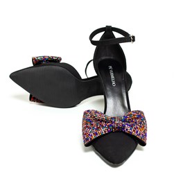 Sapato Scarpin Feminino Melody com Laço Colorido de Strass Preto Nobuck