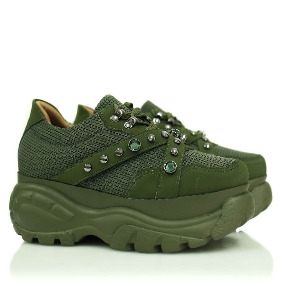 Tênis Feminino Buf Pedraria Chunky Sneaker Verde Militar - Pe Vermelho  Calcados
